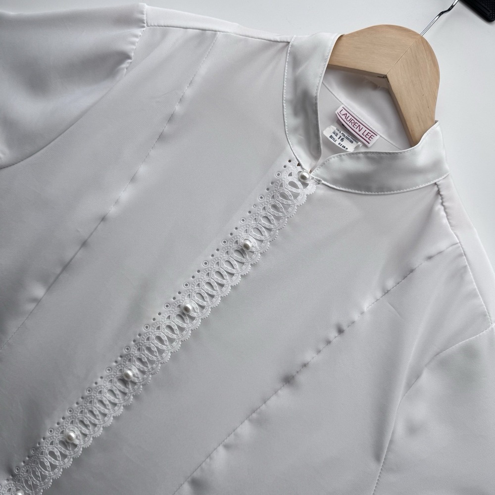Vintage Lauren Lee White Blouse 16 Short Sleeve Pearl Lace Cottagecore 80s 90s